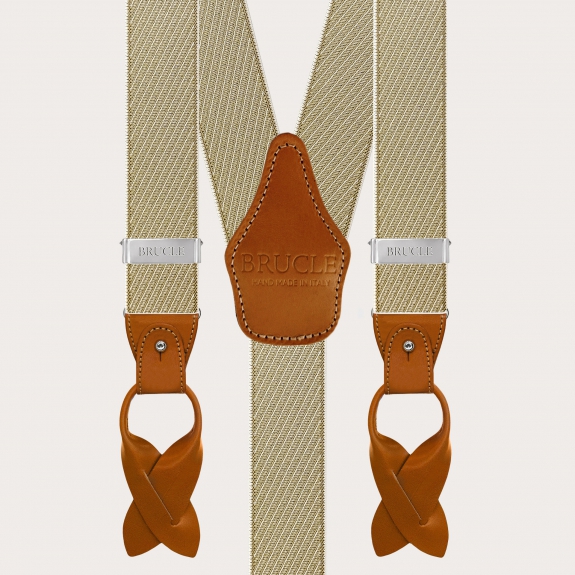 Bretelles homme élégantes beige et or à rayures obliques pour boutons ou clips