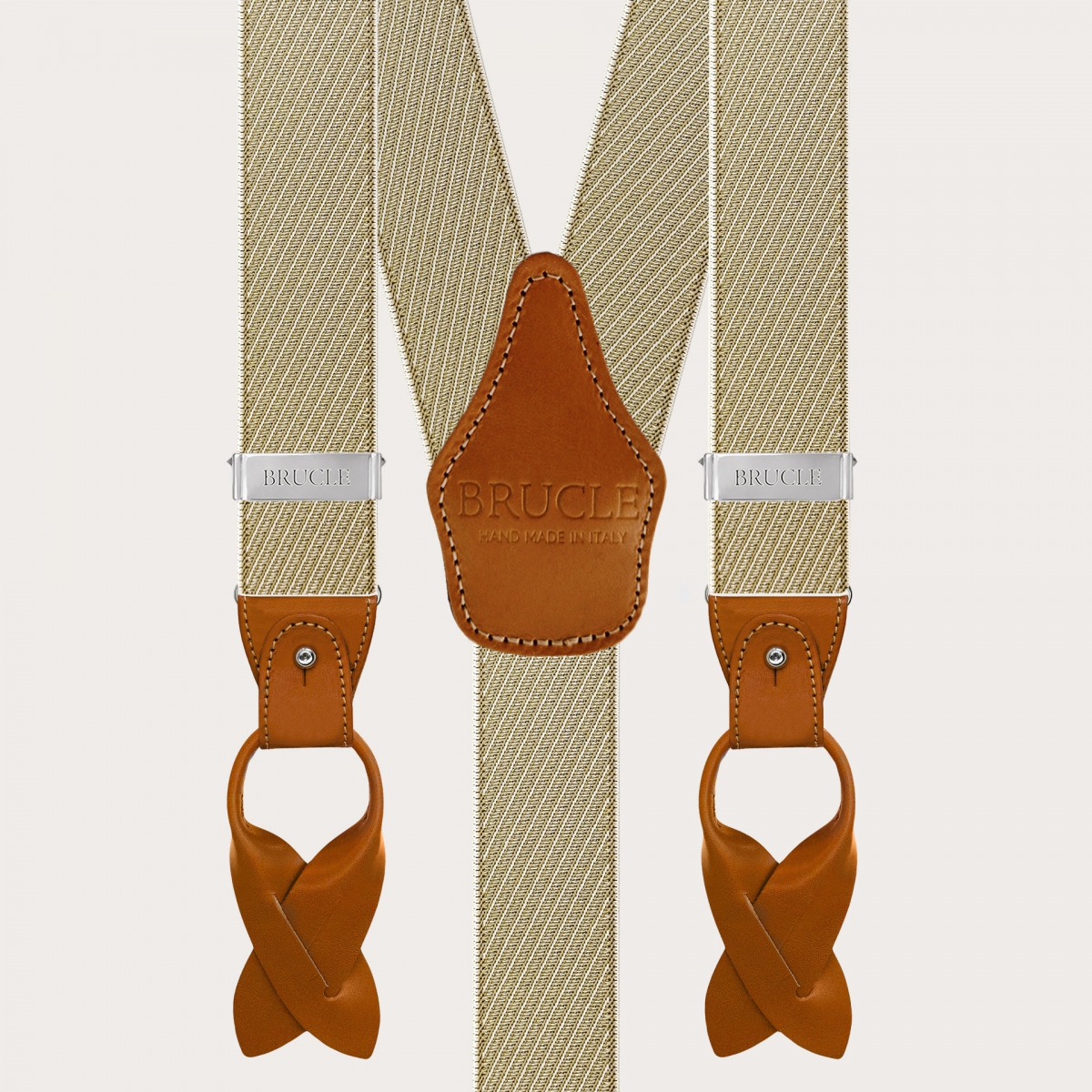 Elegant men's beige and gold oblique-striped suspenders for buttons or clips