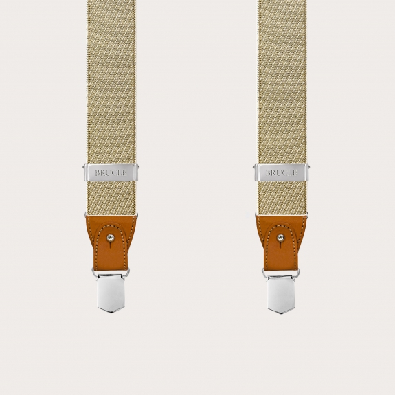 Elegant men's beige and gold oblique-striped suspenders for buttons or clips