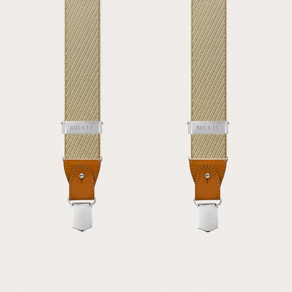 Tirantes elegantes para hombre en beige y oro con rayas oblicuas para botones o clips