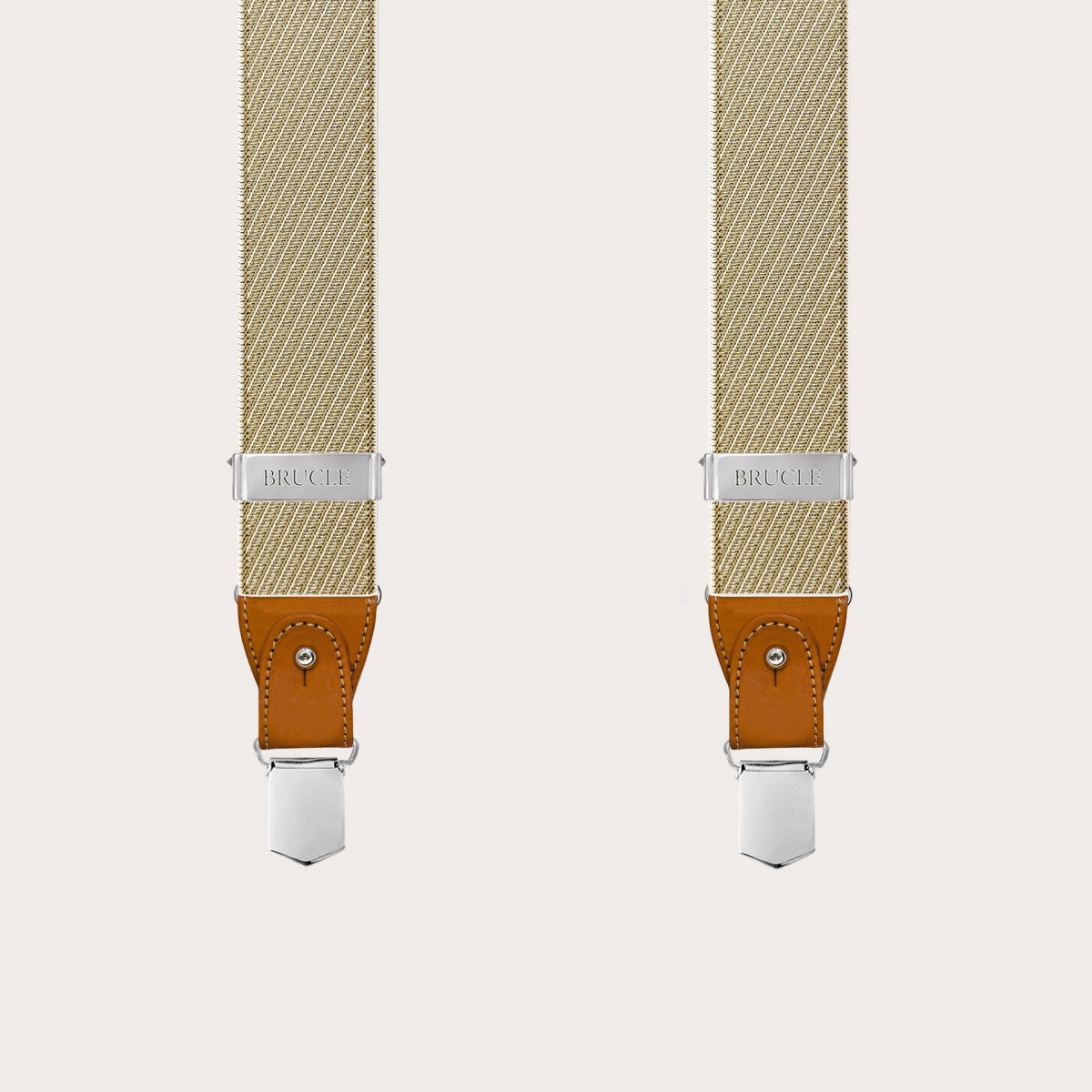Bretelles homme élégantes beige et or à rayures obliques pour boutons ou clips