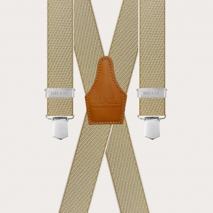 Men's beige and gold X-shaped suspenders with oblique stripes, clips only