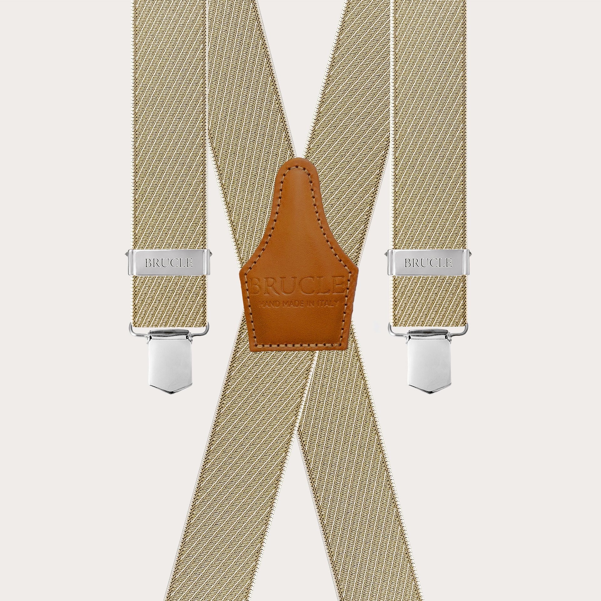 Herren Hosenträger in Beige und Gold in X-Form mit schrägen Streifen, nur mit Clips