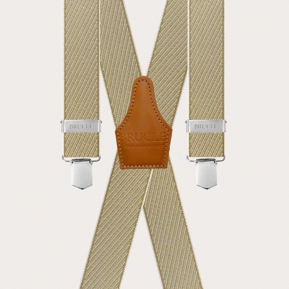 Men's beige and gold X-shaped suspenders with oblique stripes, clips only