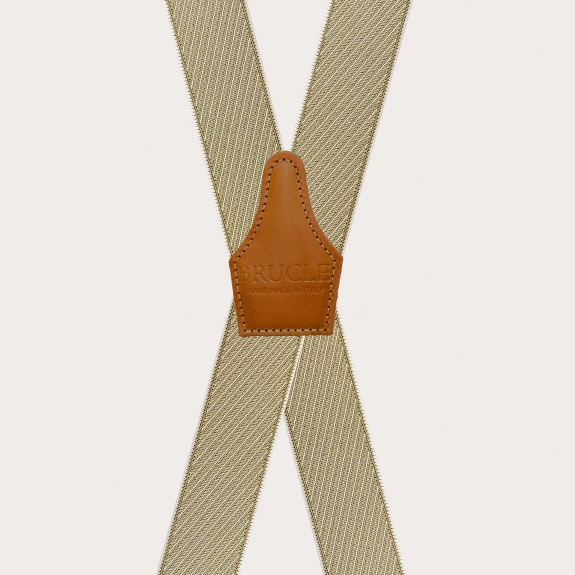 Men's beige and gold X-shaped suspenders with oblique stripes, clips only