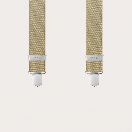 Striped gold and beige elastic suspenders with clips