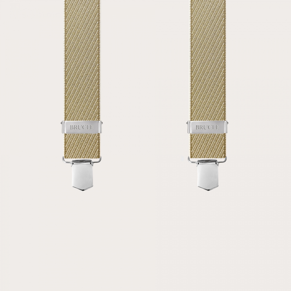 Striped gold and beige elastic suspenders with clips