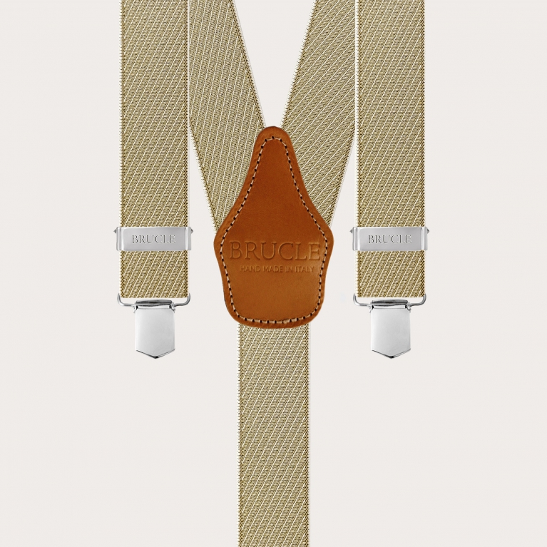 Striped gold and beige elastic suspenders with clips