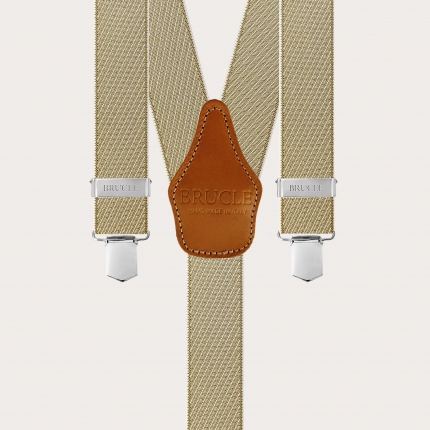 Striped gold and beige elastic suspenders with clips