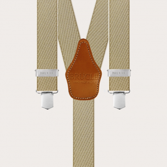 Striped gold and beige elastic suspenders with clips
