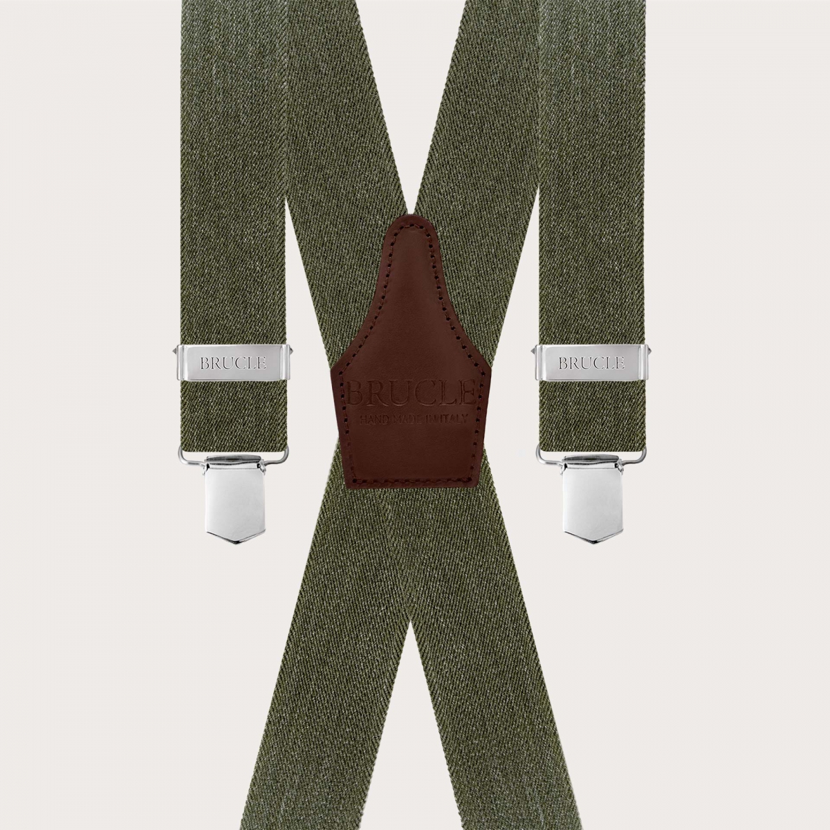 Green jeans-effect suspenders in X shape, clips only