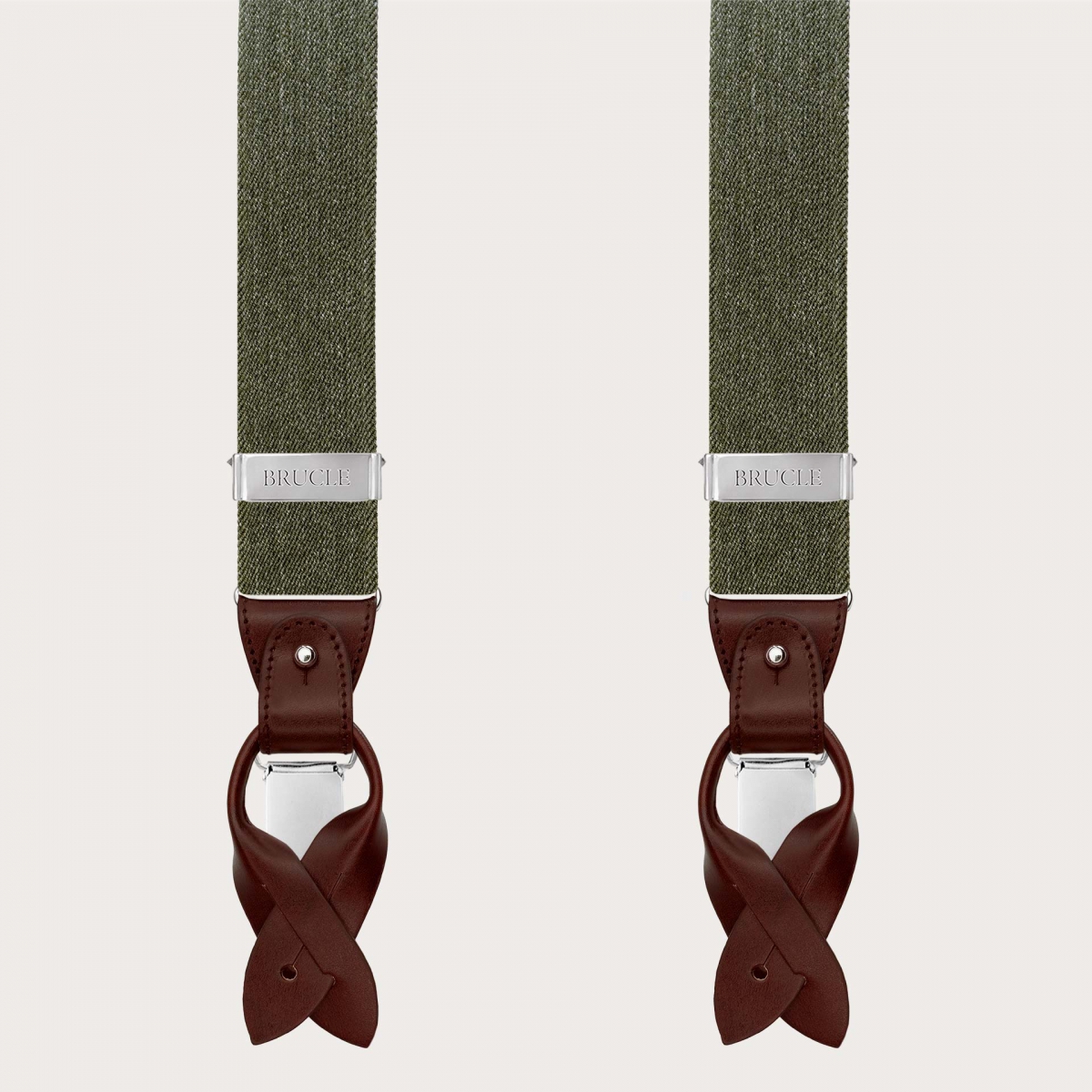 Green elastic suspenders with a jeans effect, for use with buttons or clips