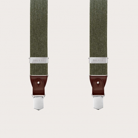 Green elastic suspenders with a jeans effect, for use with buttons or clips