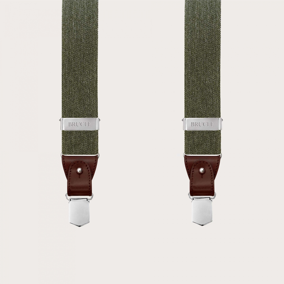 Bretelle elastiche verdi effetto jeans, uso bottoni o clip