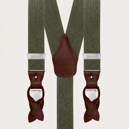 Green elastic suspenders with a jeans effect, for use with buttons or clips