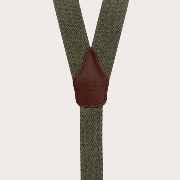 Wide green Y-shaped suspenders with jeans effect