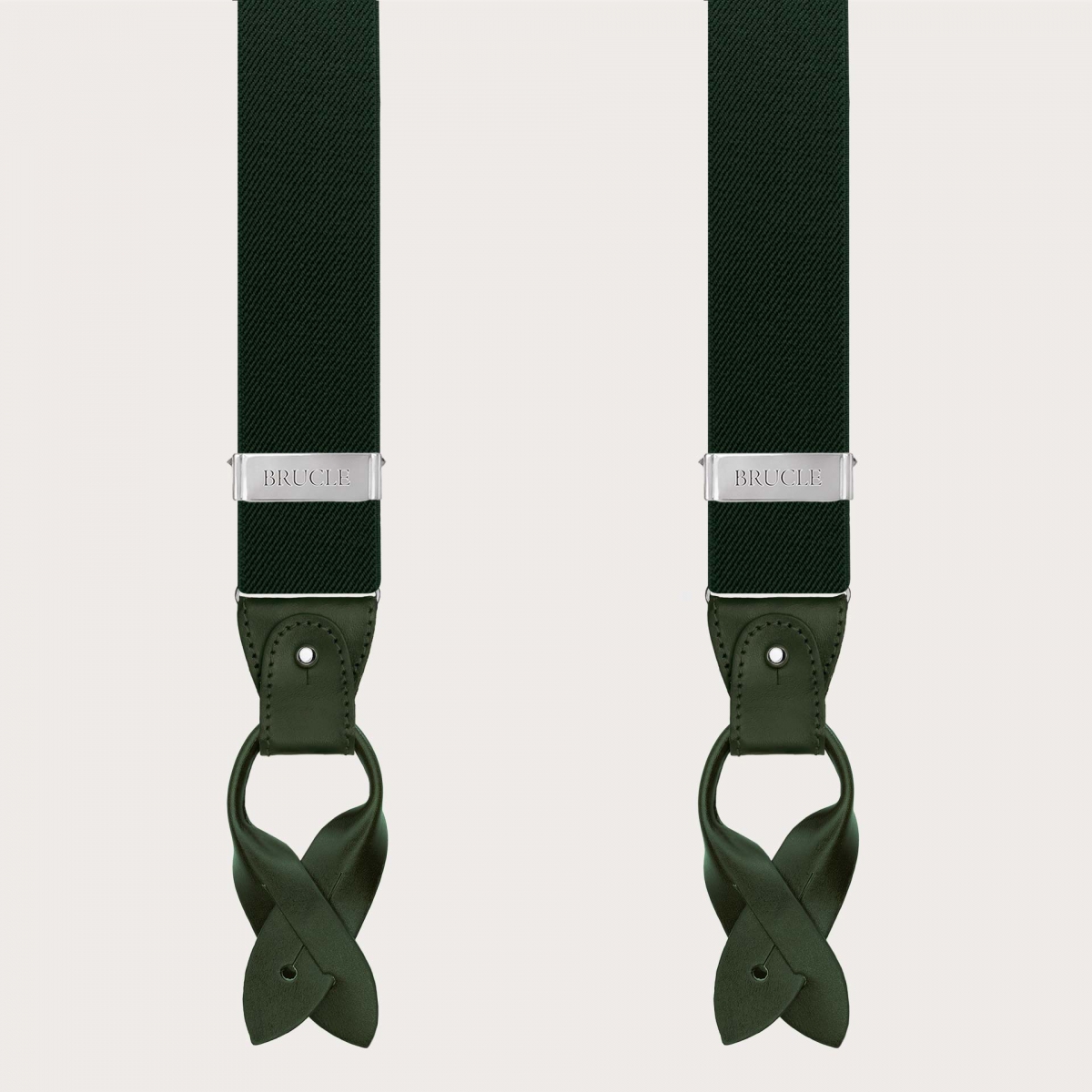 Nickel-free green elastic suspenders with matching leather