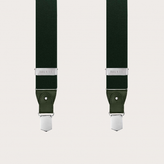 Nickel-free green elastic suspenders with matching leather
