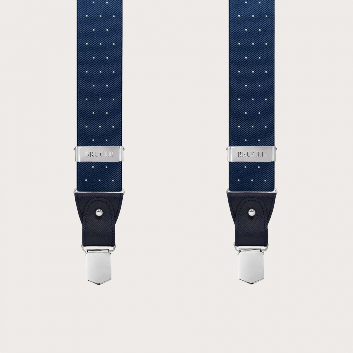 Blue polka dot suspenders, dual-use with buttons and nickel-free clips