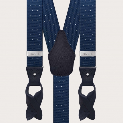 Blue polka dot suspenders, dual-use with buttons and nickel-free clips