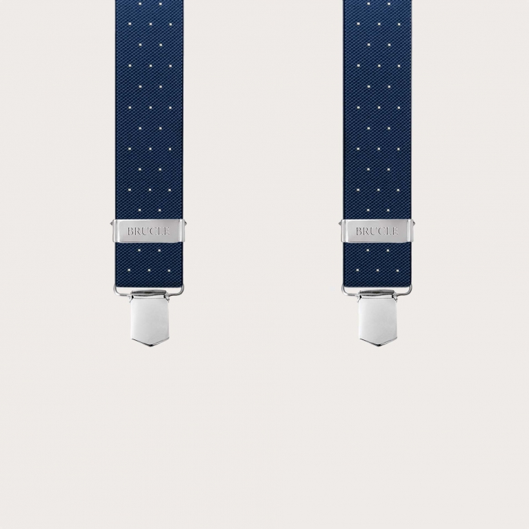 Wide blue polka dot unisex suspenders, clip only