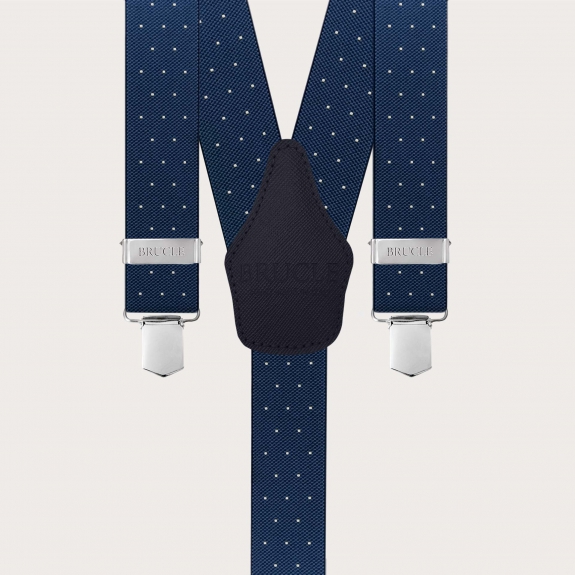 Wide blue polka dot unisex suspenders, clip only