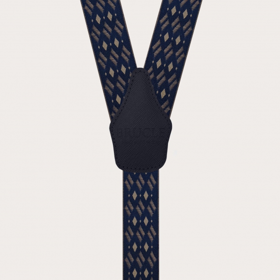 Men's dual-use navy blue and beige diamond pattern suspenders