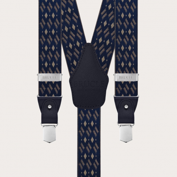 Bretelles homme double usage à motif de losanges bleu marine et beige
