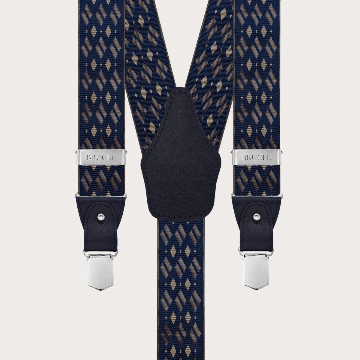 Men's dual-use navy blue and beige diamond pattern suspenders