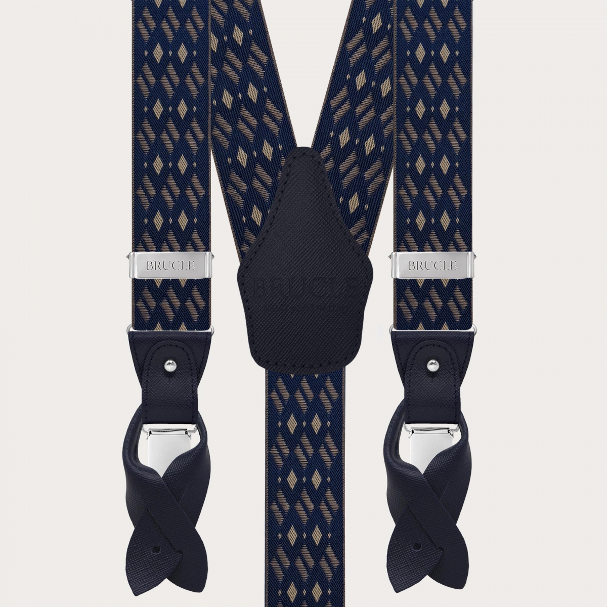 Men's dual-use navy blue and beige diamond pattern suspenders