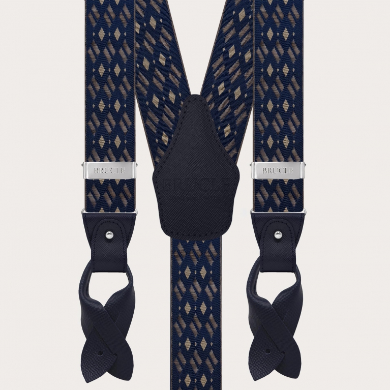 Men's dual-use navy blue and beige diamond pattern suspenders