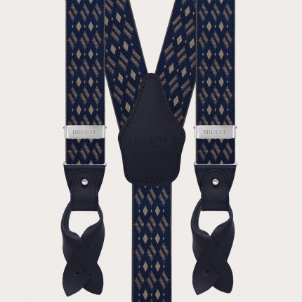 Bretelle uomo doppio uso fantasia a rombi blu navy e beige