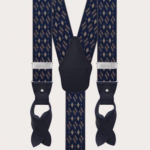Men's dual-use navy blue and beige diamond pattern suspenders