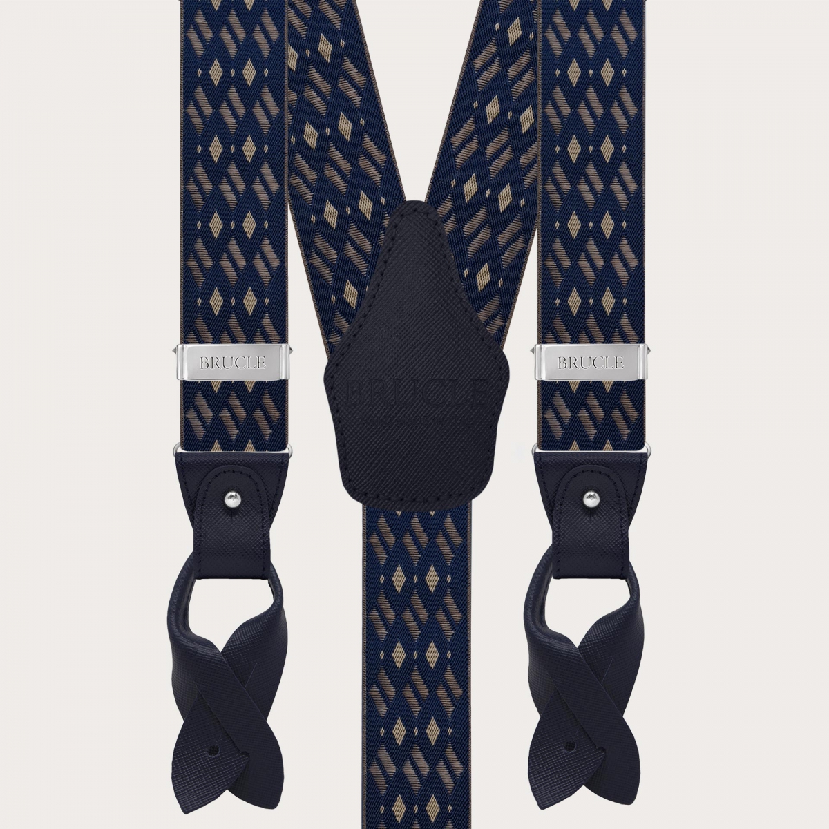 Men's dual-use navy blue and beige diamond pattern suspenders