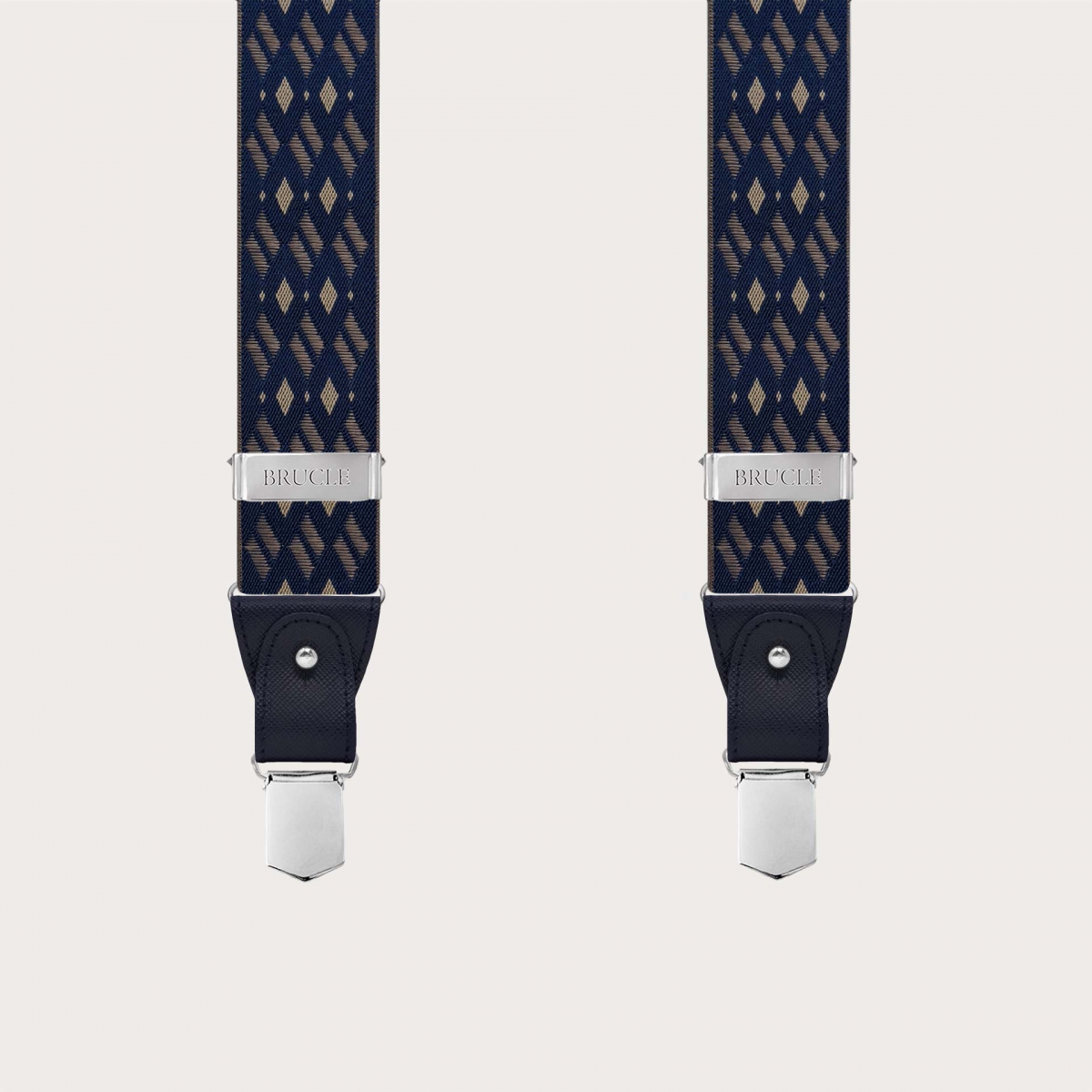 Men's dual-use navy blue and beige diamond pattern suspenders