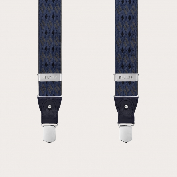 Blue and grey diamond-pattern suspenders for buttons or nickel-free clips