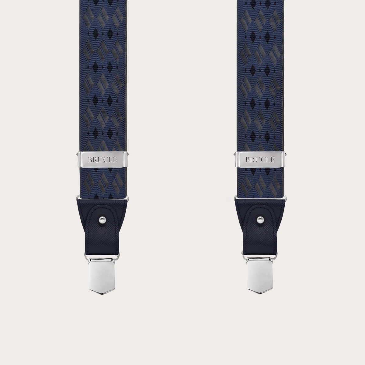 Blaue und graue Hosenträger mit Rautenmuster für Knöpfe oder nickelfreie Clips