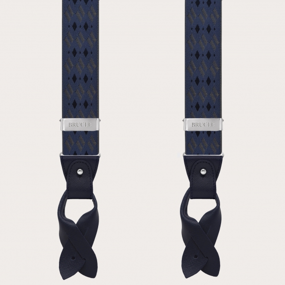 Blue and grey diamond-pattern suspenders for buttons or nickel-free clips