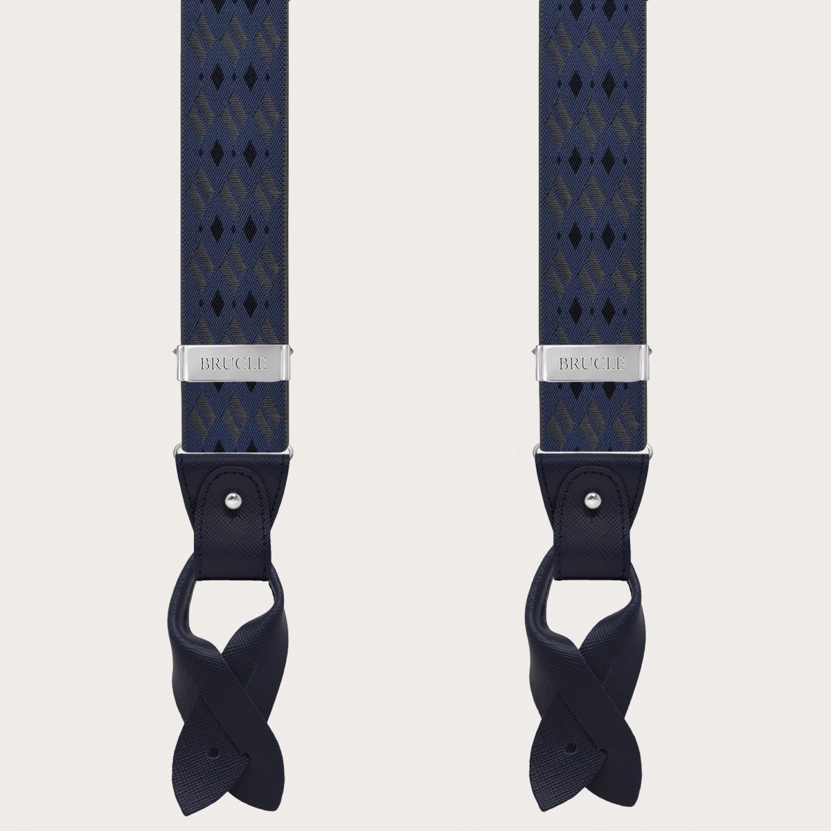 Blaue und graue Hosenträger mit Rautenmuster für Knöpfe oder nickelfreie Clips
