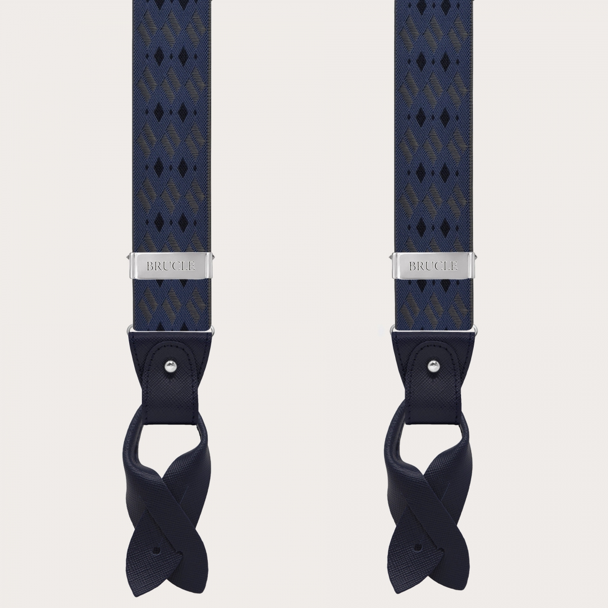 Blue and grey diamond-pattern suspenders for buttons or nickel-free clips