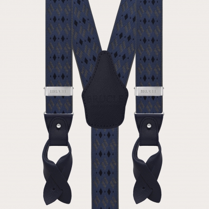 Blue and grey diamond-pattern suspenders for buttons or nickel-free clips
