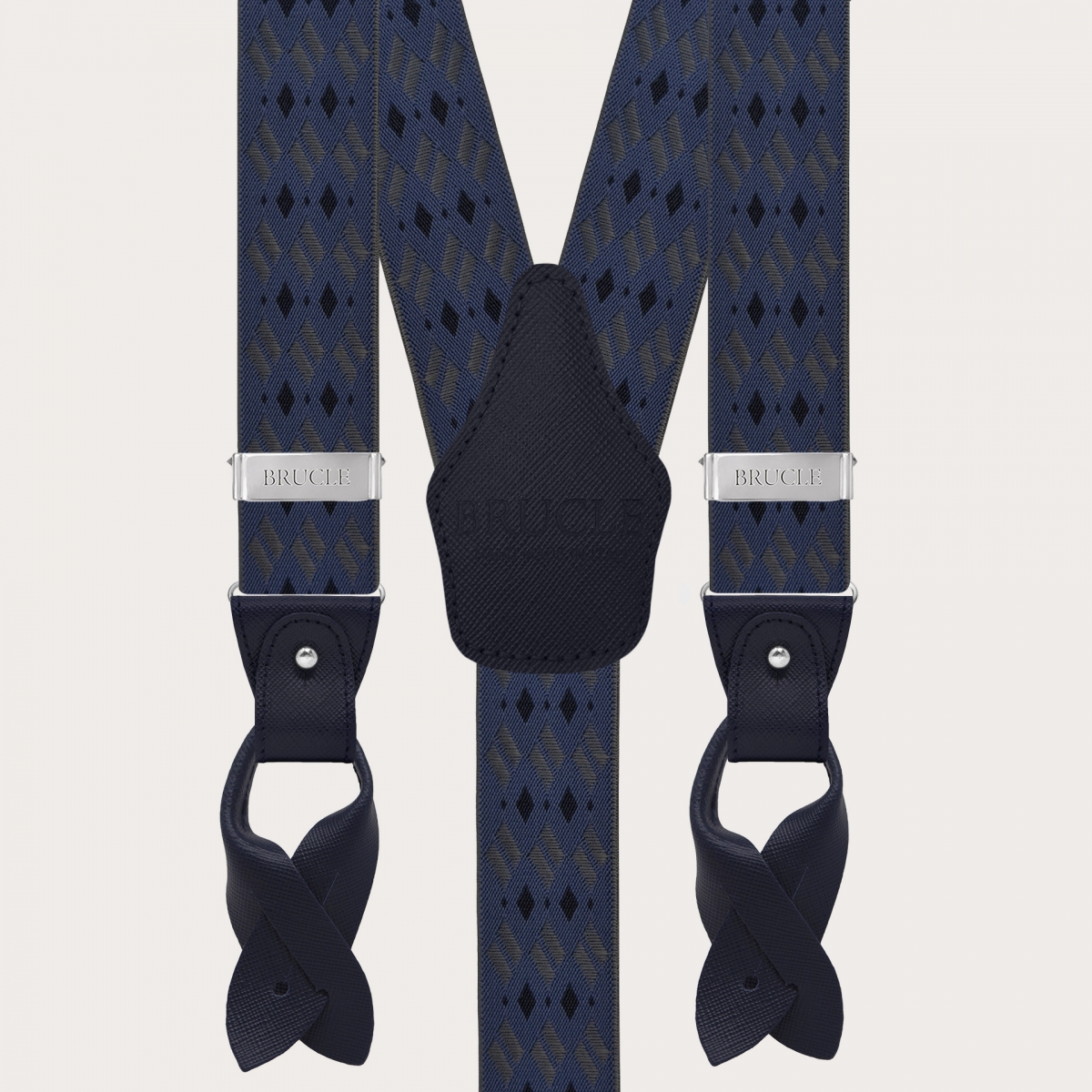 Blaue und graue Hosenträger mit Rautenmuster für Knöpfe oder nickelfreie Clips