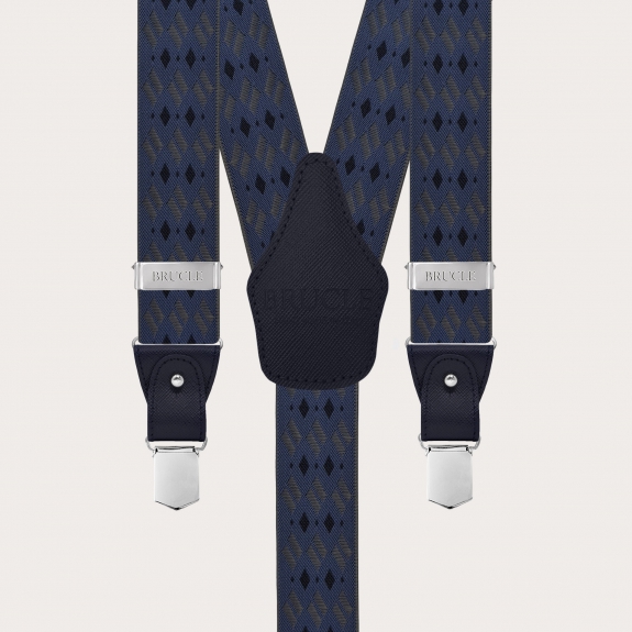 Blue and grey diamond-pattern suspenders for buttons or nickel-free clips