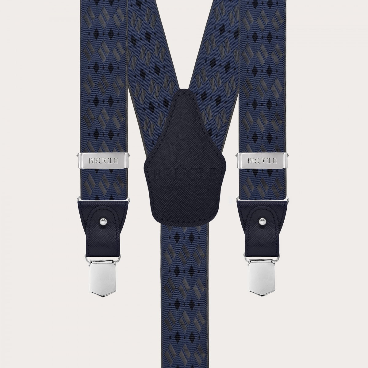 Blue and grey diamond-pattern suspenders for buttons or nickel-free clips