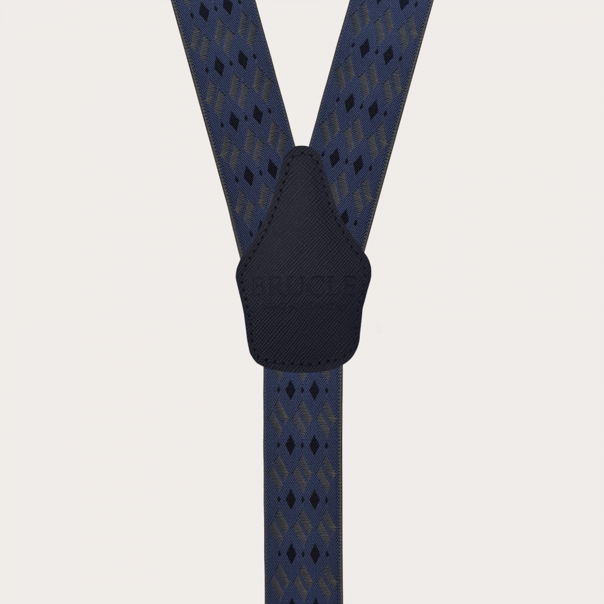 Blue and grey diamond-pattern suspenders for buttons or nickel-free clips