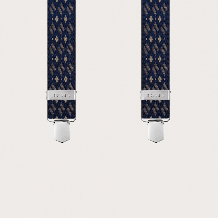 Bretelles larges élastiques bleues et beiges à motifs de losanges avec clips