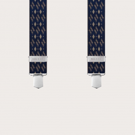 Wide elastic blue and beige diamond-pattern suspenders with clips