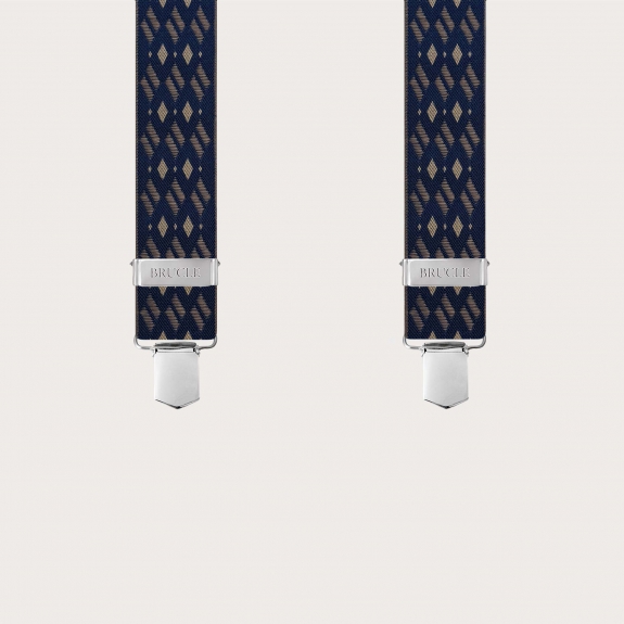 Wide elastic blue and beige diamond-pattern suspenders with clips