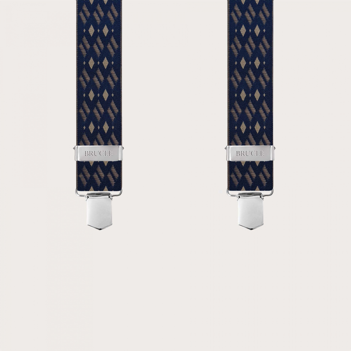 Tirantes anchos elásticos azules y beige con diseño de rombos y clips