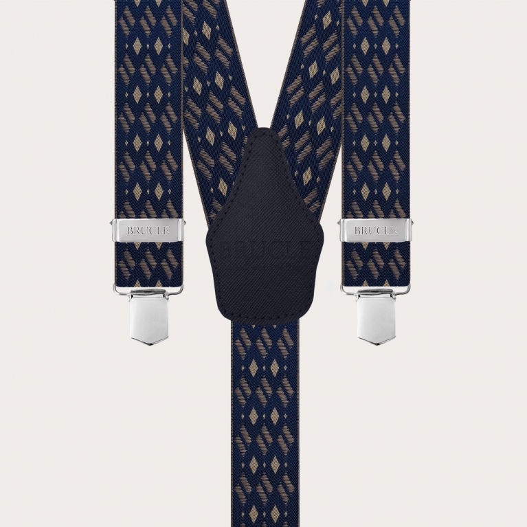 Bretelle larghe elastiche blu e beige a rombi con clip